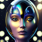 Futuristic portrait of person with two-toned face against glowing orbs