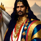 Digital portrait of man in royal attire with long black hair against sunset mountains