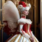 Regal woman in Marie Antoinette costume with white wig and red dress among opulent decor