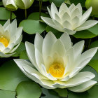 White Water Lilies and Green Lily Pads on Tranquil Water Surface