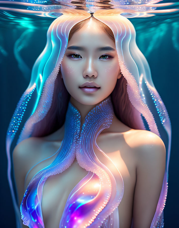 Fantasy portrait of a woman with glowing jellyfish-like hair in blue water