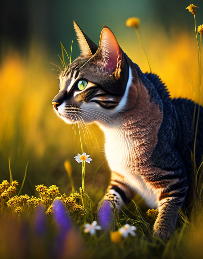 Tabby Cat with Green Eyes in Sunlit Field Among Yellow Flowers