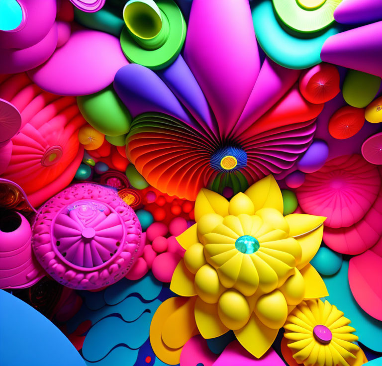 Abstract digital art: vibrant flowers & geometric shapes