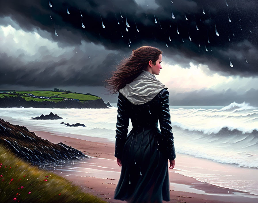 Woman in black coat facing stormy sea with flowing hair and rugged coast under dark sky