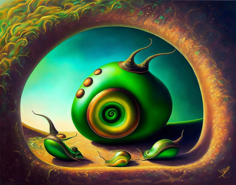 Colorful Surrealist Painting: Snails with Swirling Shells in Dreamlike Landscape