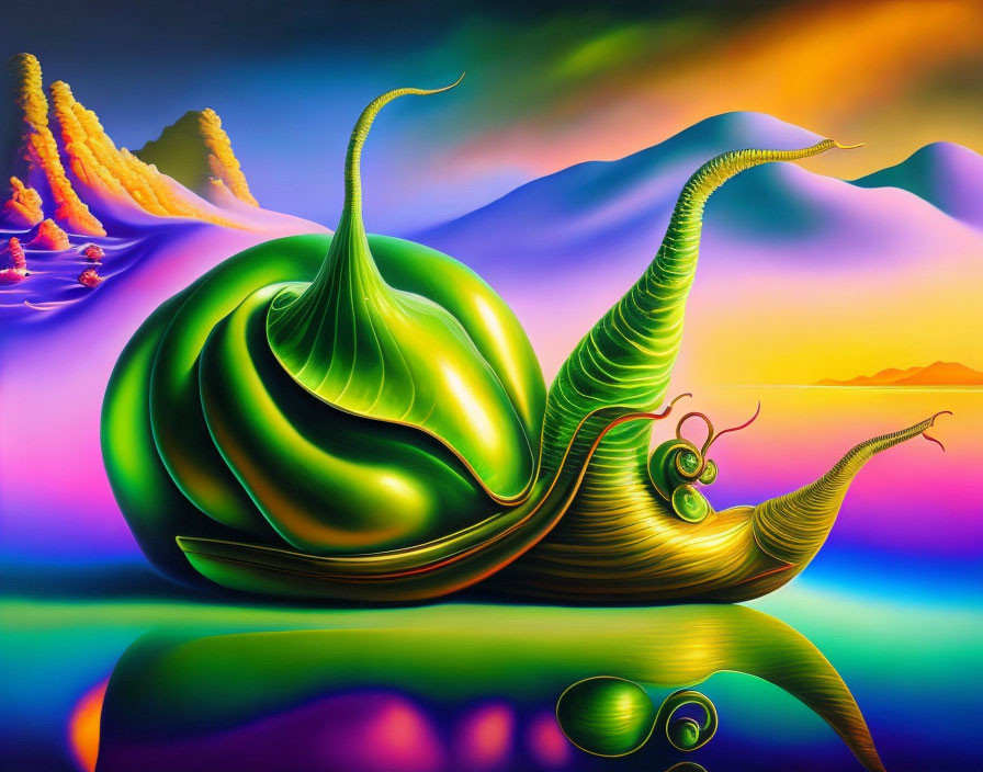 Colorful surreal snail with leaf-like shell in fantastical landscape