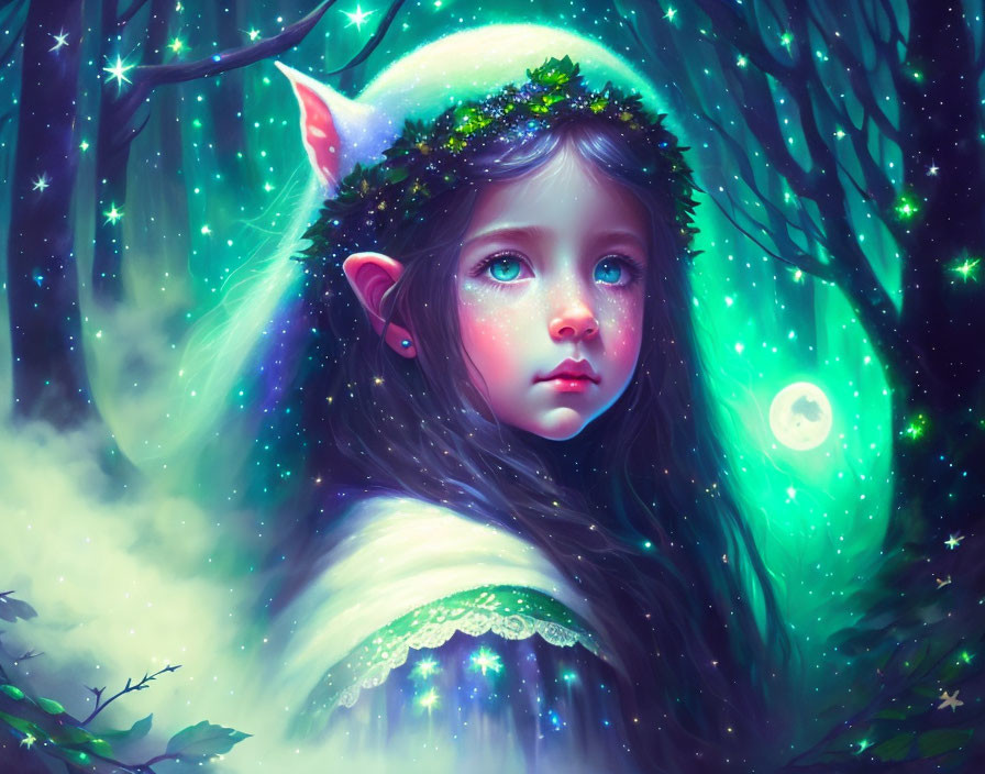 Young girl with pointed ears in mystical forest with wreath & glowing lights