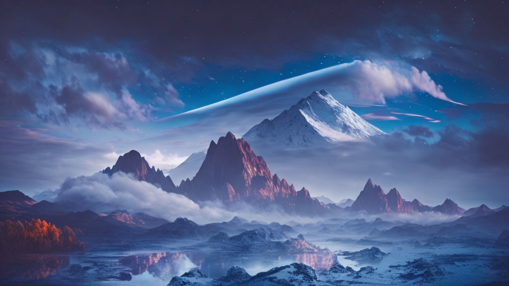 Snowy mountain peak, blue sky, lake, and twilight ambiance in surreal landscape