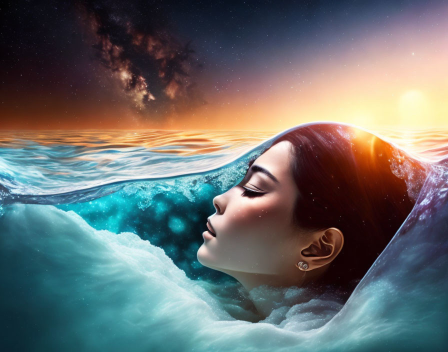 Surreal image: Woman's face in water merging with cosmos