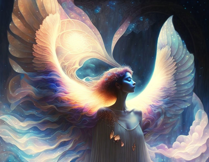 Surreal illustration: Woman with luminous wings in cosmic setting