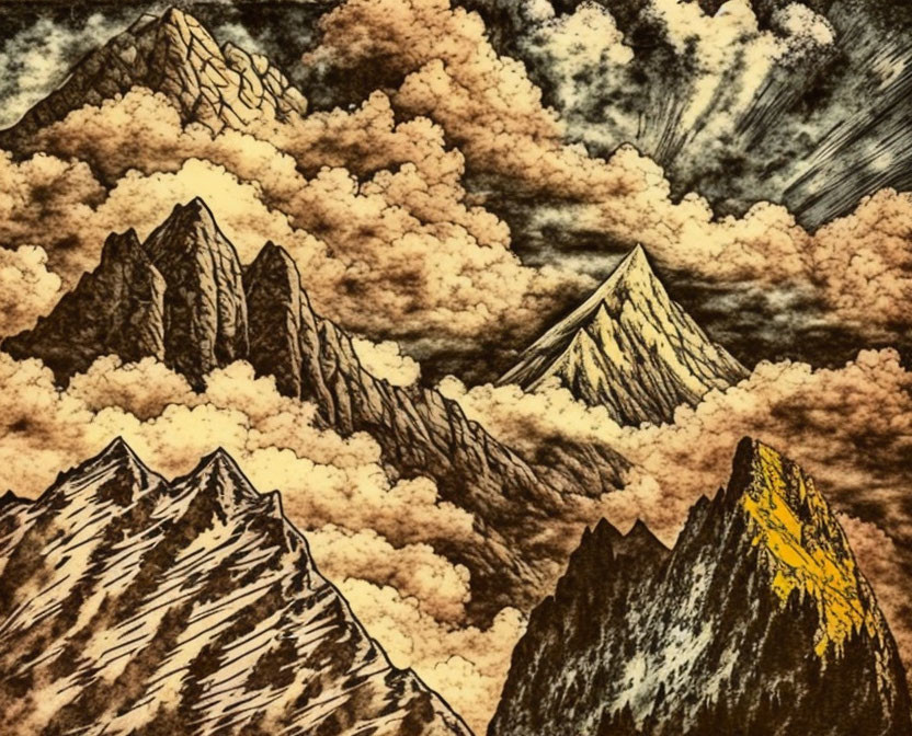 Sepia-Toned Illustration of Craggy Mountains and Clouds