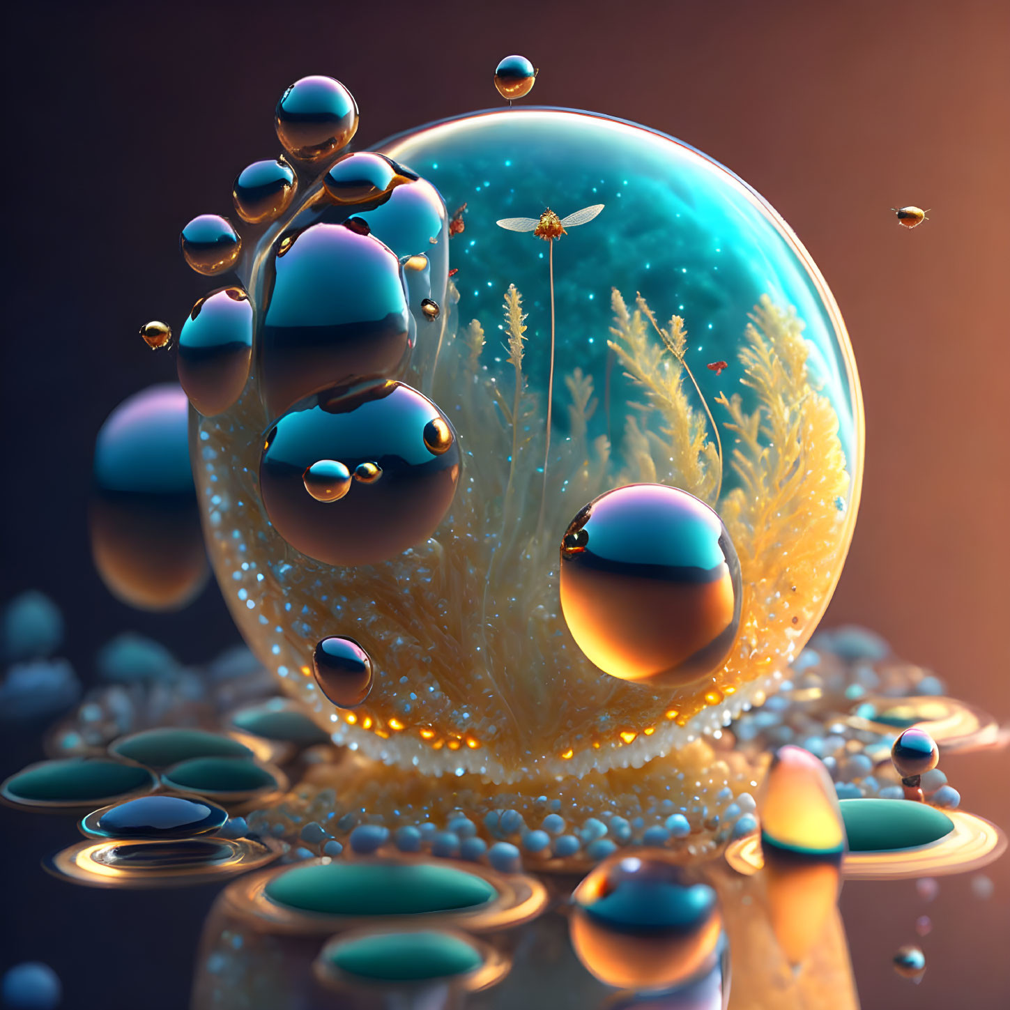 3D digital artwork: Serene spheres with gel-like texture in golden grass world on blue backdrop