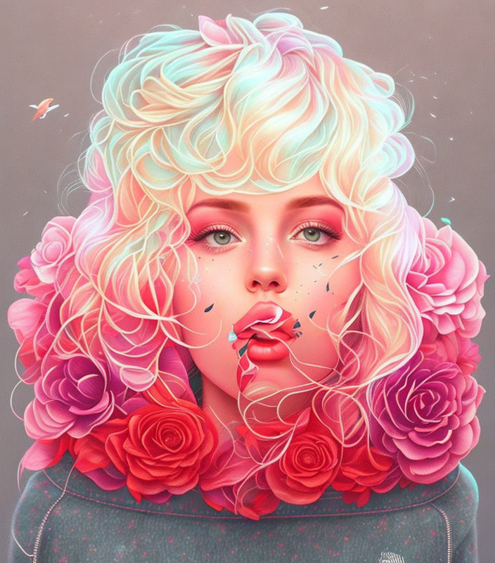 Colorful pastel hair woman with pink roses and small plane illustration