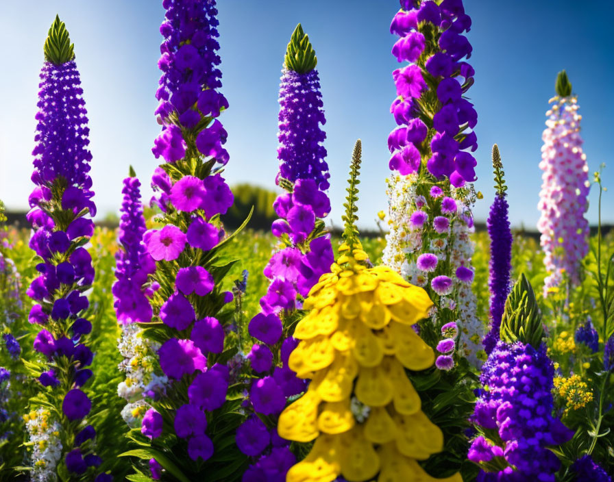 Colorful Purple and Yellow Flower Field under Blue Sky