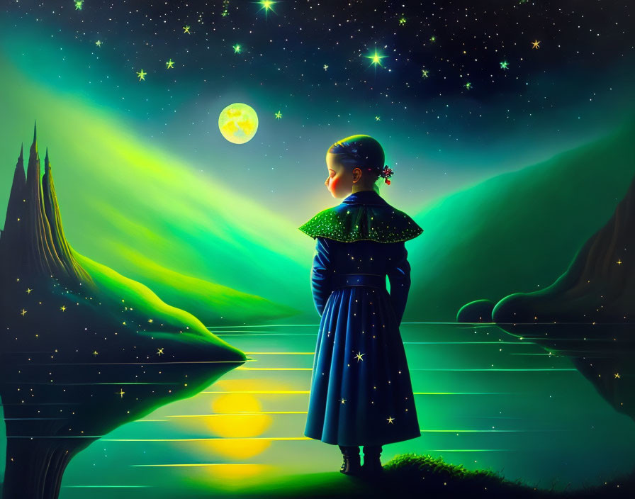 Child by tranquil lake under starry sky with northern lights and moon.