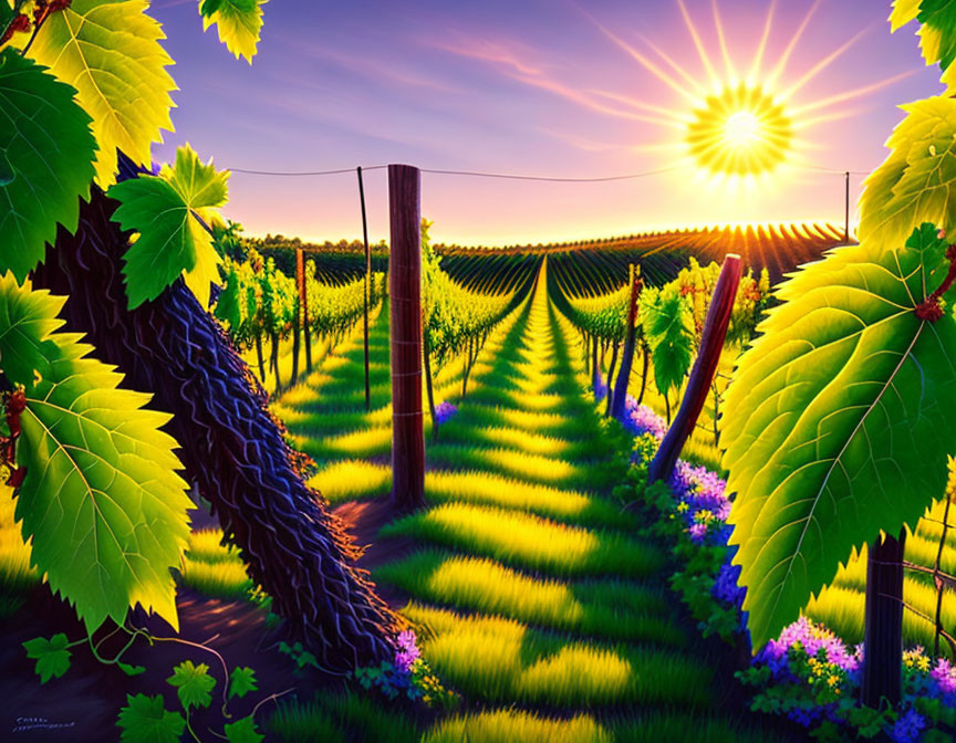 Sunlit Vineyard with Grapevines, Posts, Shadows, and Blue Flowers