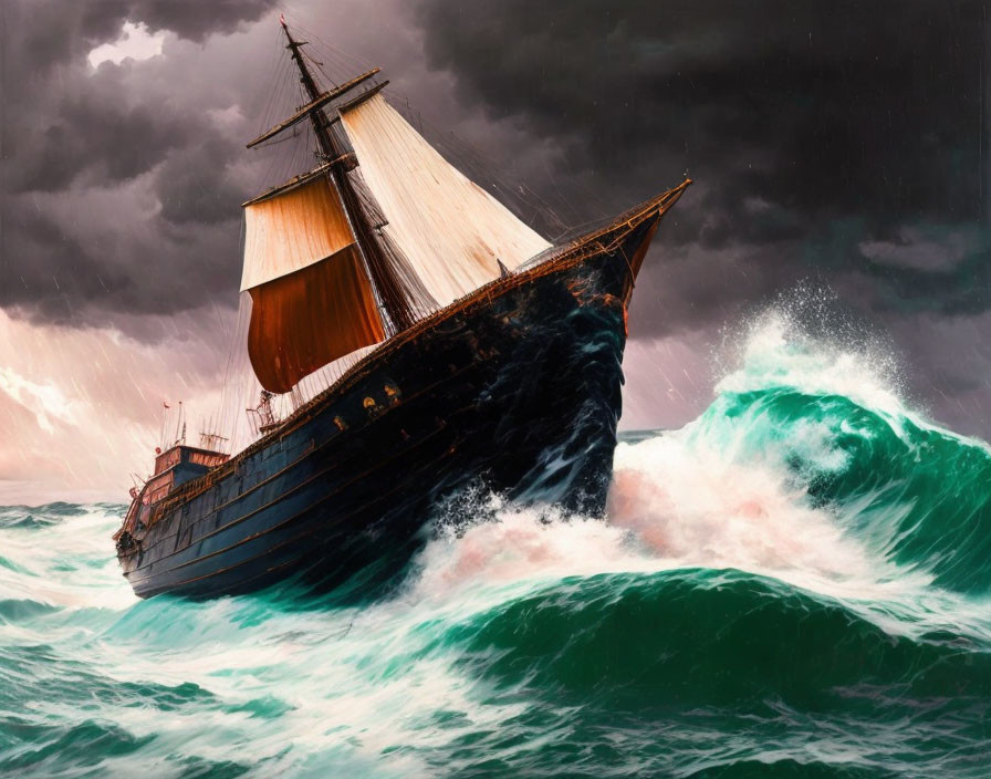 Sailing ship navigating stormy seas with billowed sails and dark clouds