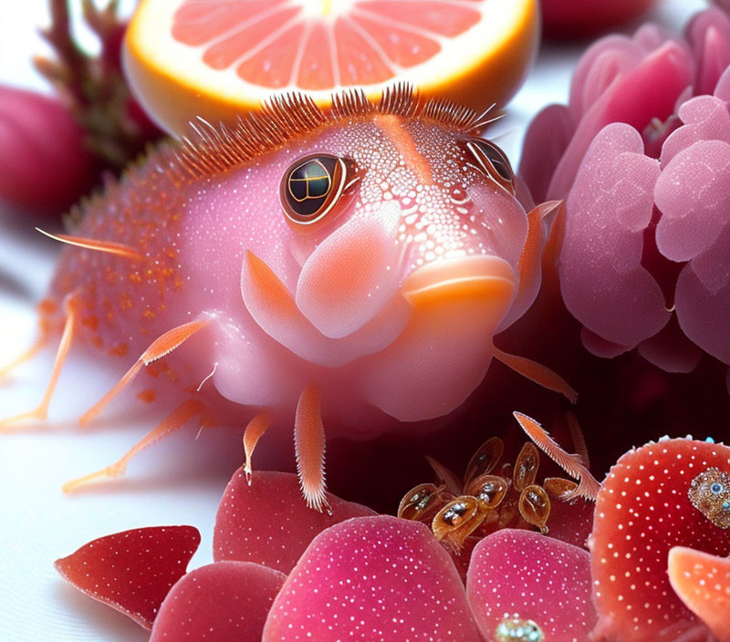 Imaginary pink creature with fish-like features amid vibrant fruit and floral elements