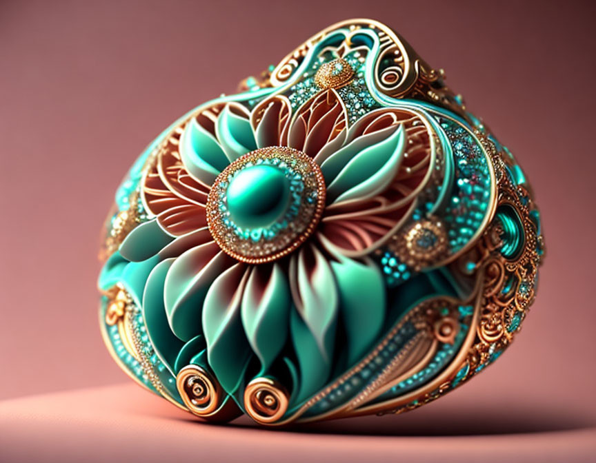 Luxurious antique object with intricate gold detailing and turquoise accents