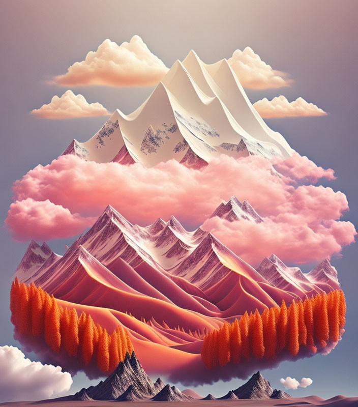 Surreal inverted mountain ranges on clouds in pink sky