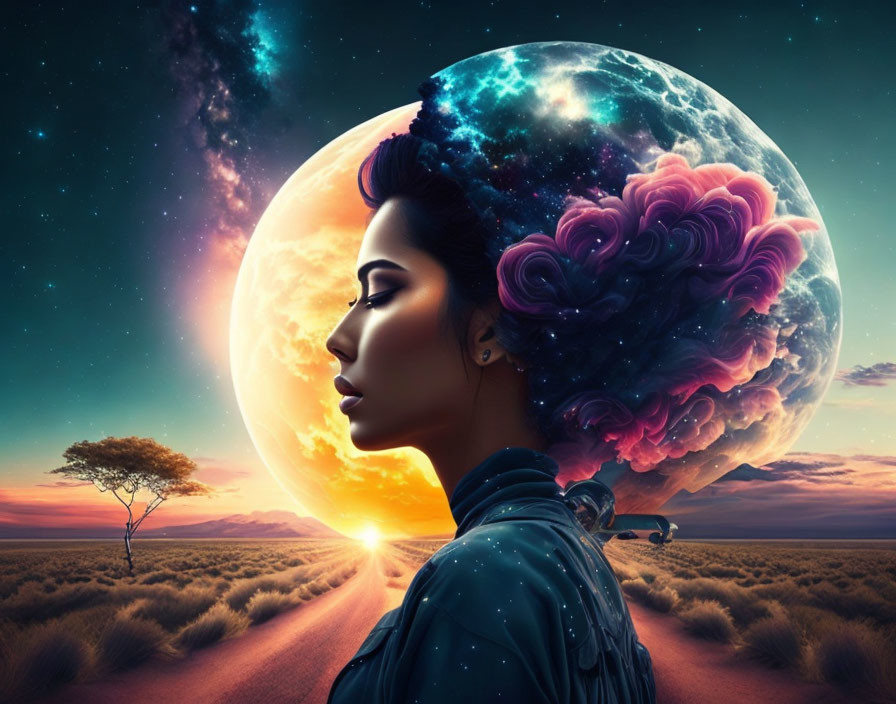 Woman with cosmic headpiece on surreal celestial backdrop