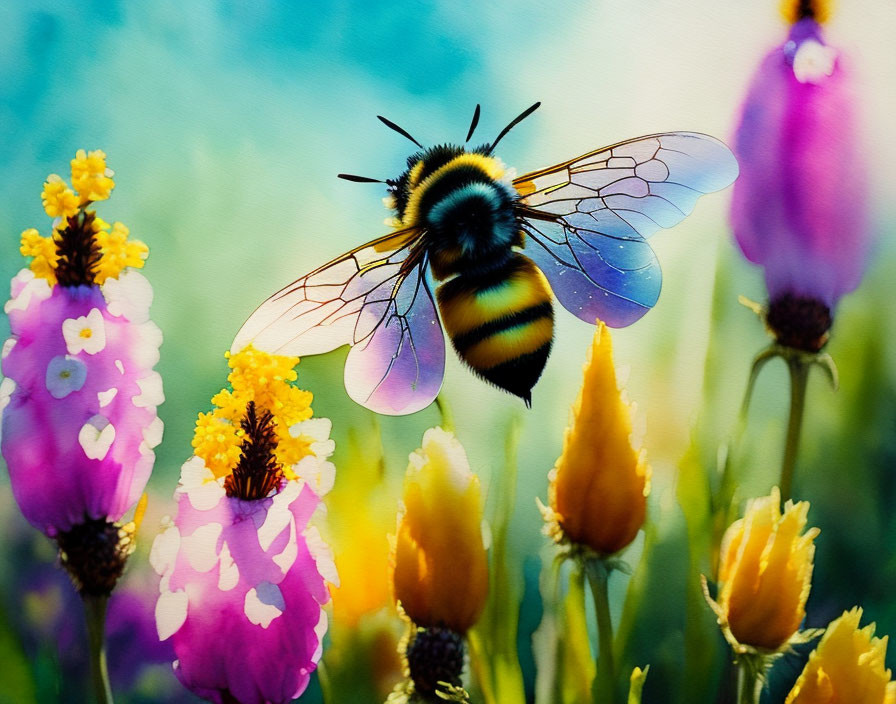 Colorful Bumblebee Hovering Over Flowers on Blue Background