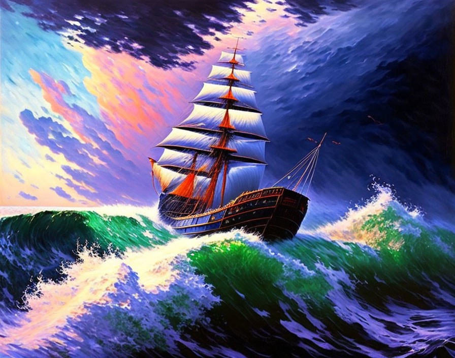 Majestic tall ship painting in turbulent seas under dramatic sky