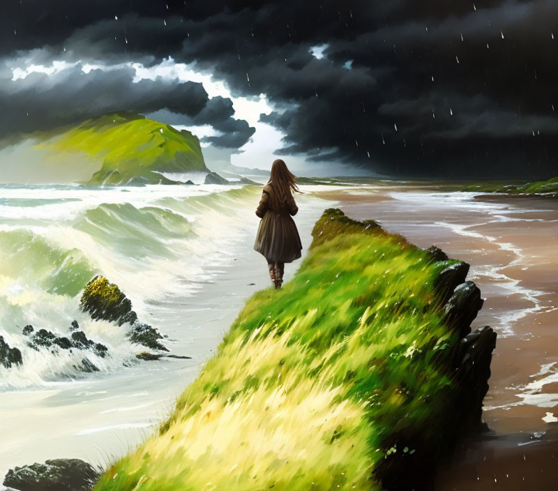 Person standing on narrow path amidst turbulent seas, gazing at distant green isle under stormy sky