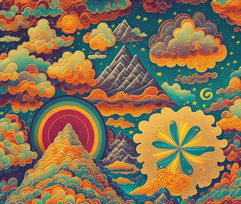 Colorful psychedelic illustration: swirling clouds, rainbow, stylized mountain