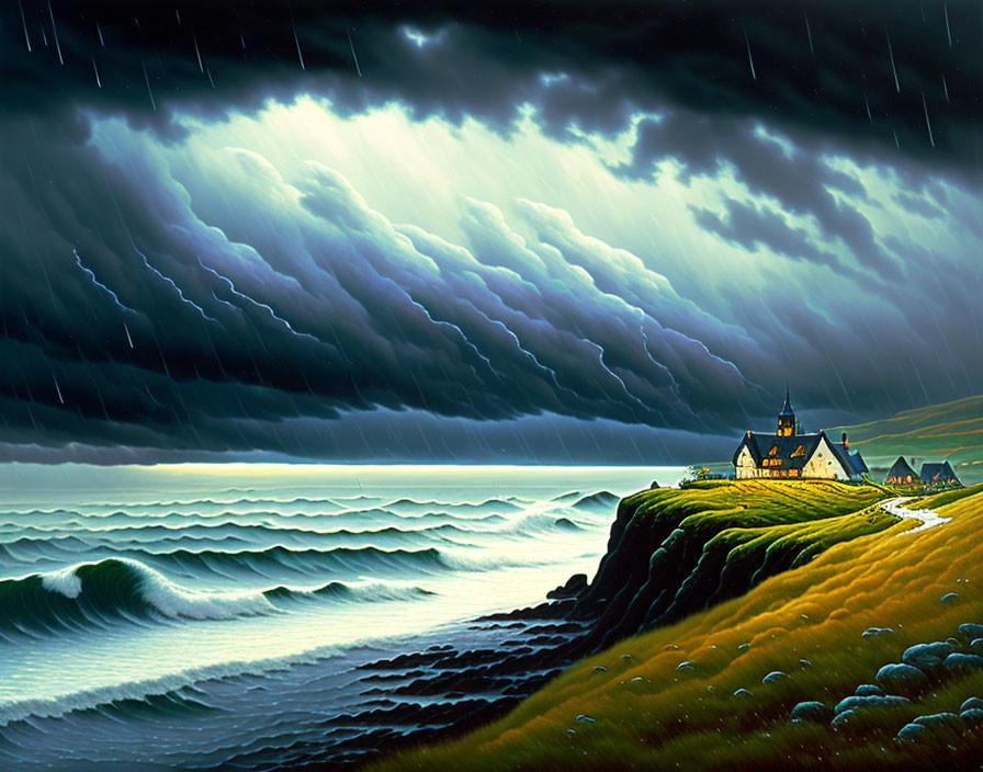 Stormy Coastal Scene: Shelf Cloud, Rain, Lit Church, Houses on Cliff