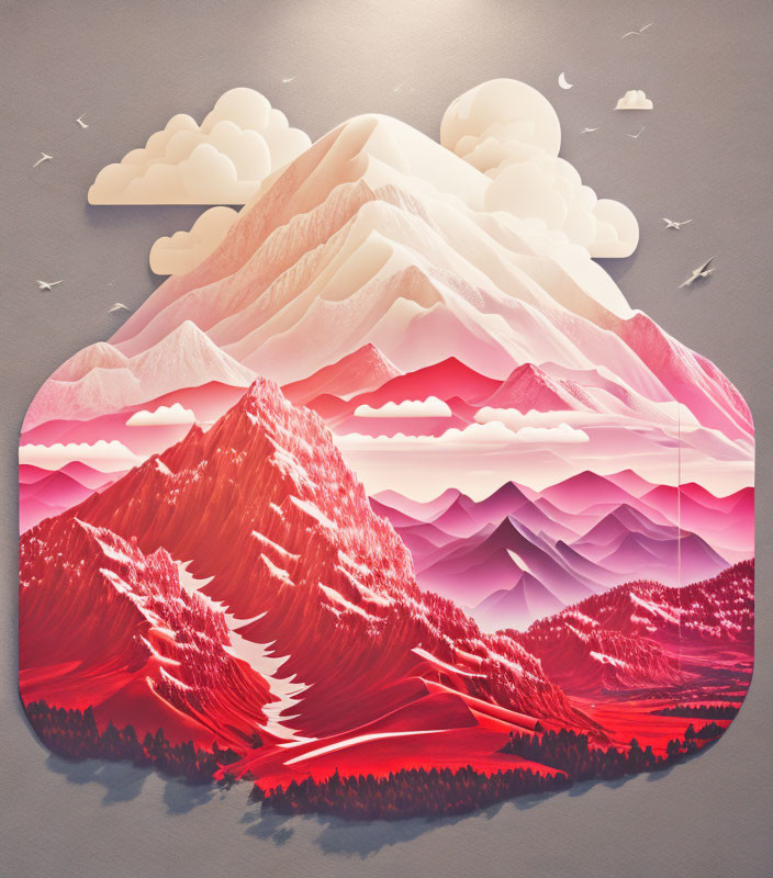 Layered pink and red mountain ranges with stylized clouds, birds, and sunburst.