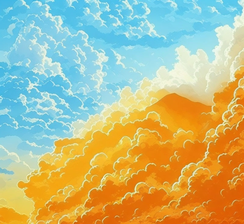 Orange mountain under vibrant blue sky with fluffy clouds illustration