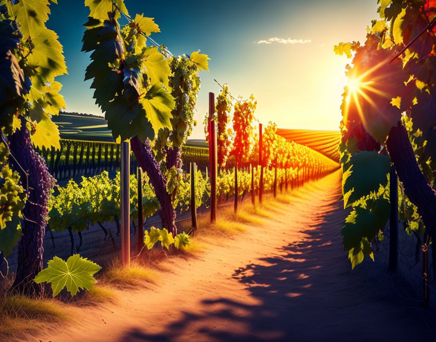 Vibrant sunset scene in a vineyard with green leaves and grape clusters