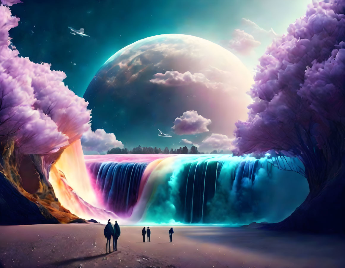 Surreal landscape featuring giant moon, purple trees, vibrant waterfall