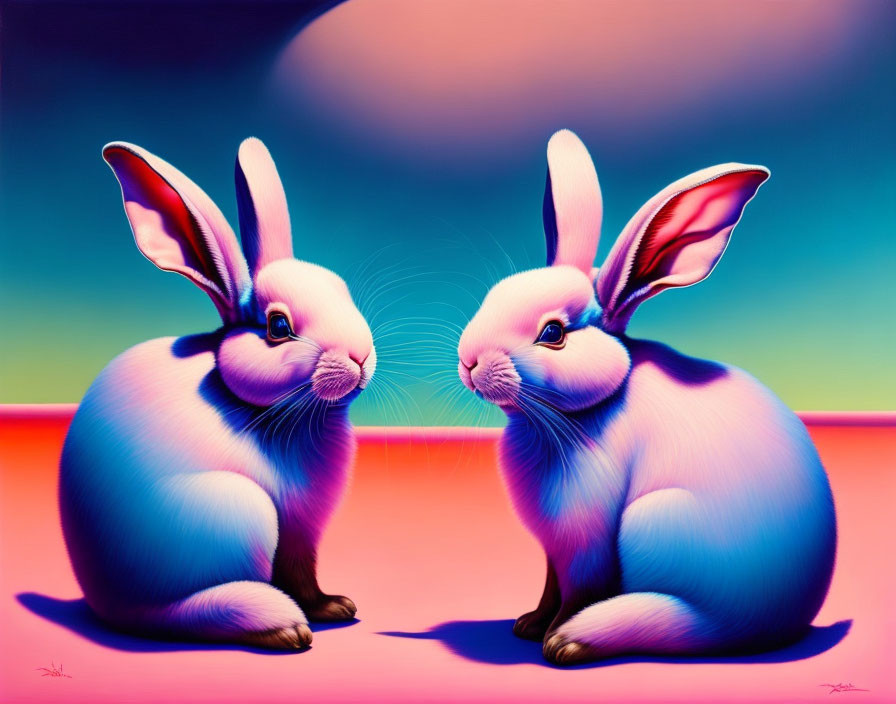 Vibrant pink-toned rabbits with oversized ears on surreal warm gradient background