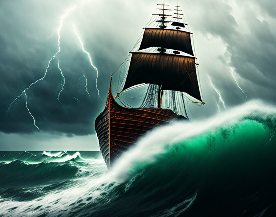 Dark sails ship navigating stormy seas with lightning strikes