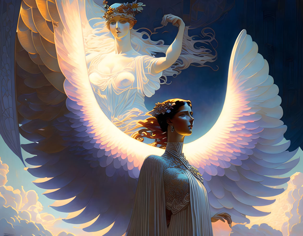 Illustration of two angelic beings with wings in heavenly sky