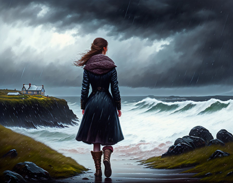 Woman in black coat walking towards stormy sea with lone house on cliff