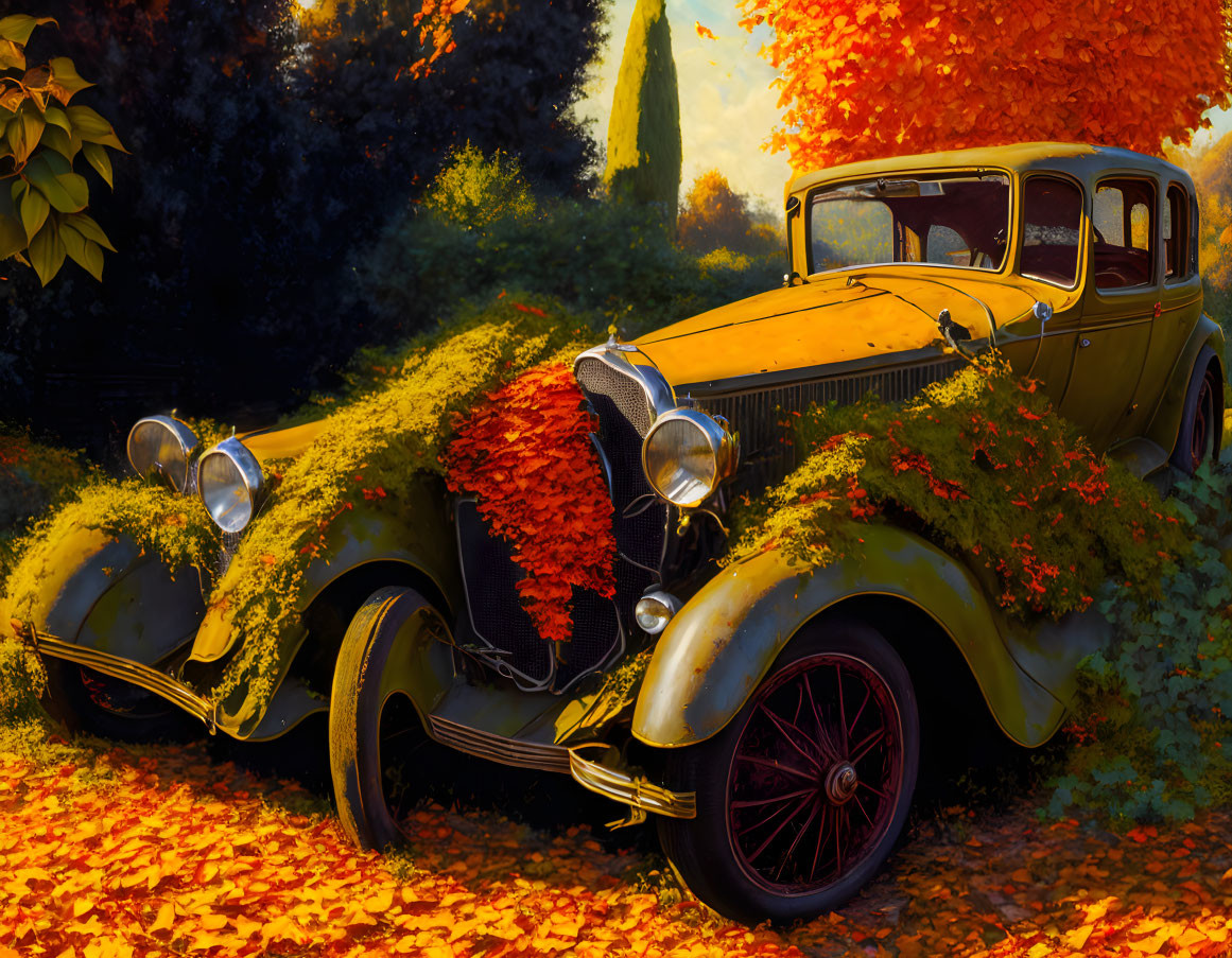 Vintage car surrounded by ivy in autumn landscape.