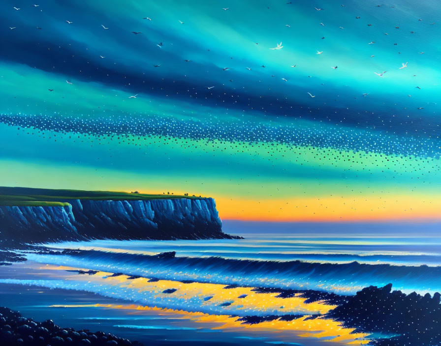 Starry twilight sky painting with birds, calm sea, and cliff edge