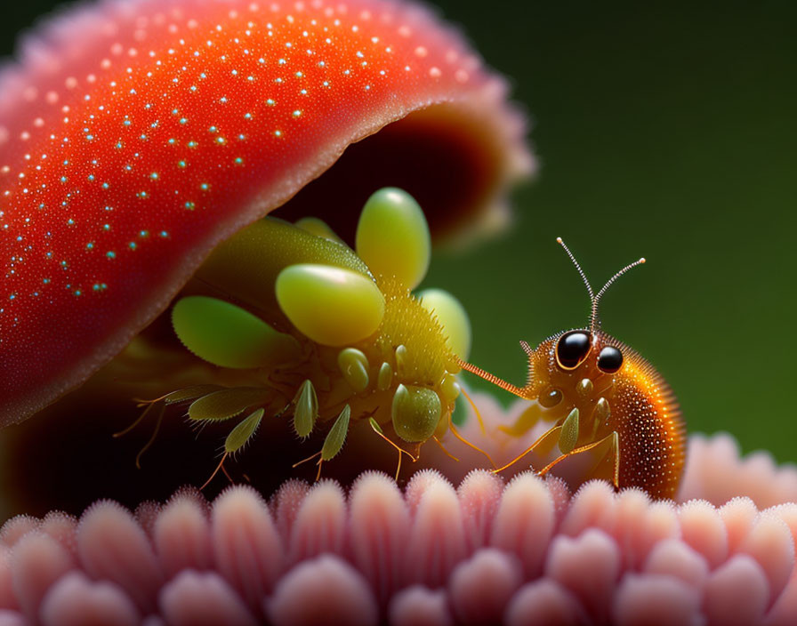 Colorful Ant with Green Mandibles on Pink Flower Buds in Macro Shot