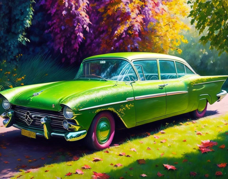 Classic Green Car Parked in Colorful Garden with Autumn Leaves