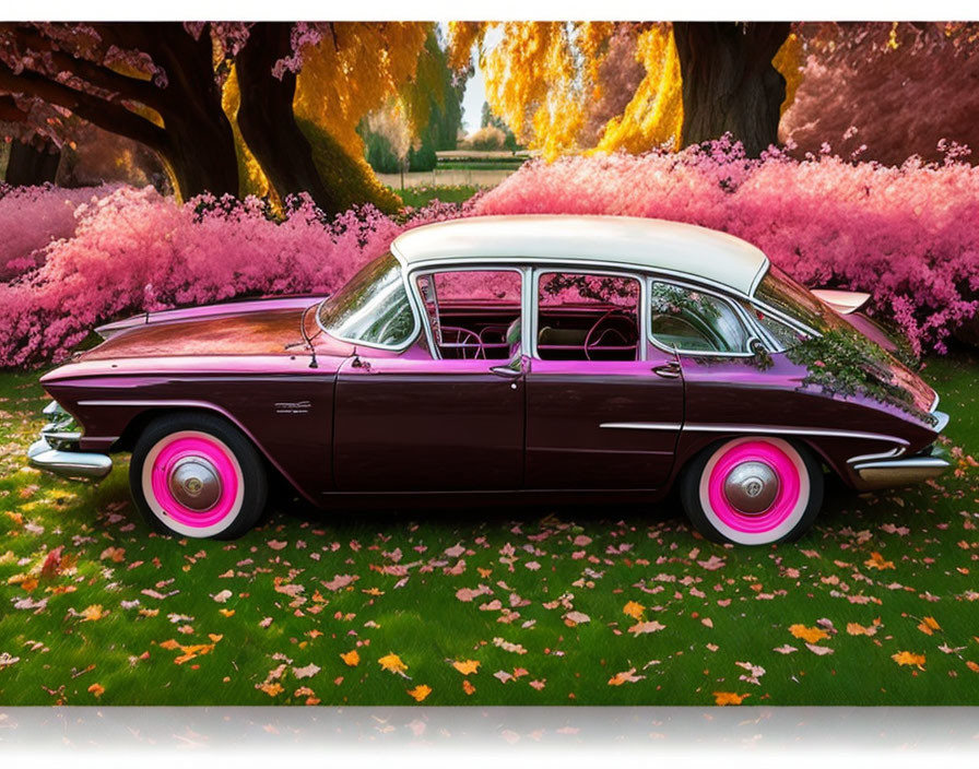 Vintage car with white and maroon paint in serene autumn scene