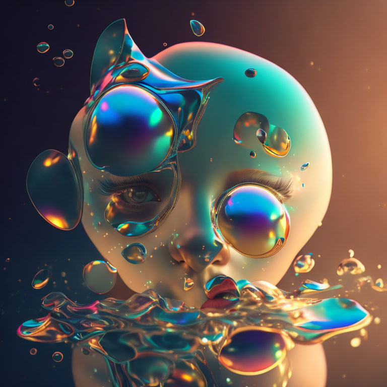 Iridescent portrait emerges from liquid with bubble-like shapes