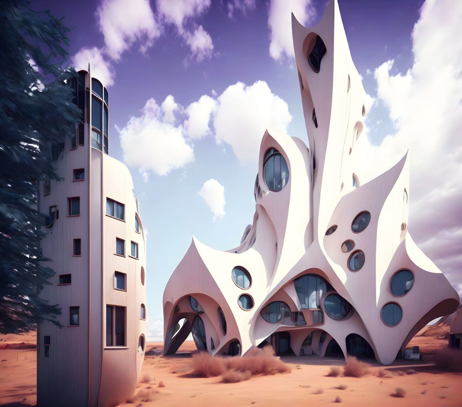 Futuristic desert landscape with whimsical buildings