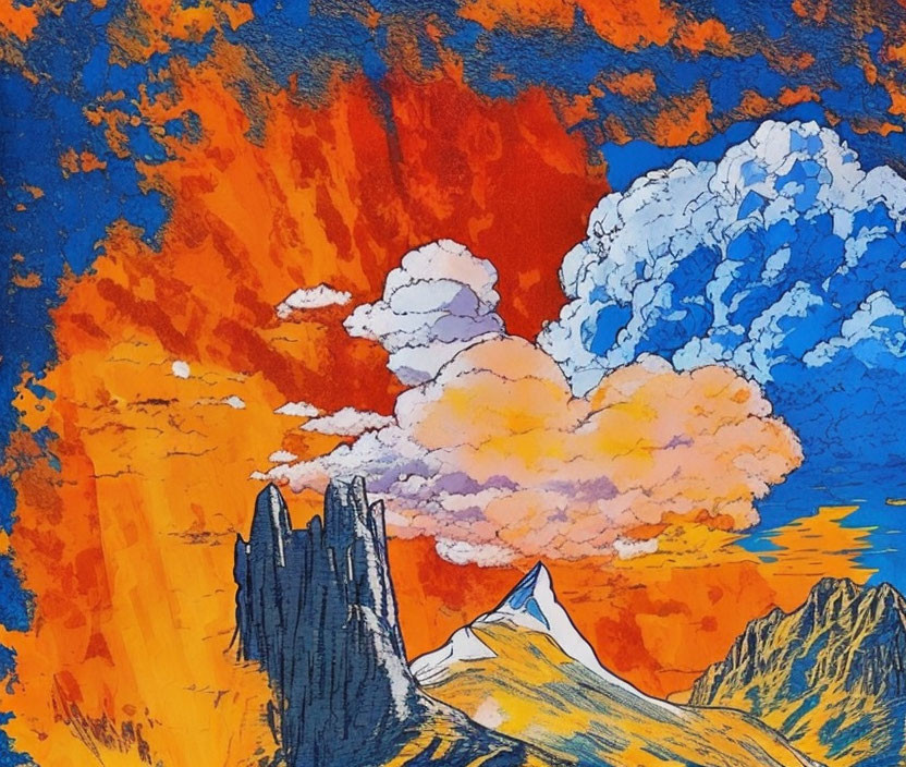 Vibrant fiery sky with billowing clouds above mountain peaks