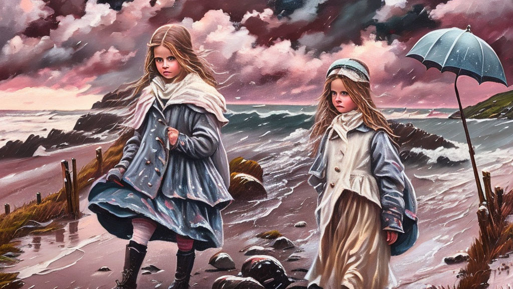 Vintage-clad girls with umbrella on rocky shore in stormy sea scenery