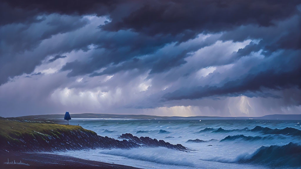 Stormy Seascape with Lone Figure and Dark Clouds