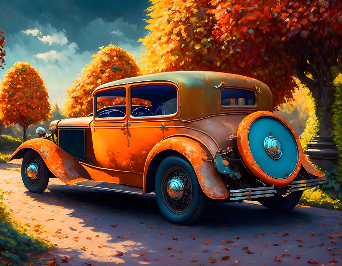 Vintage orange car parked on path with autumn trees and blue sky