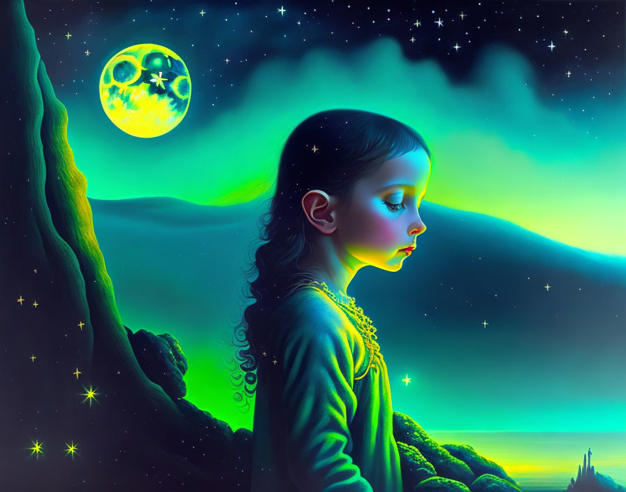 Surreal portrait of girl against starry night sky with moon and castle